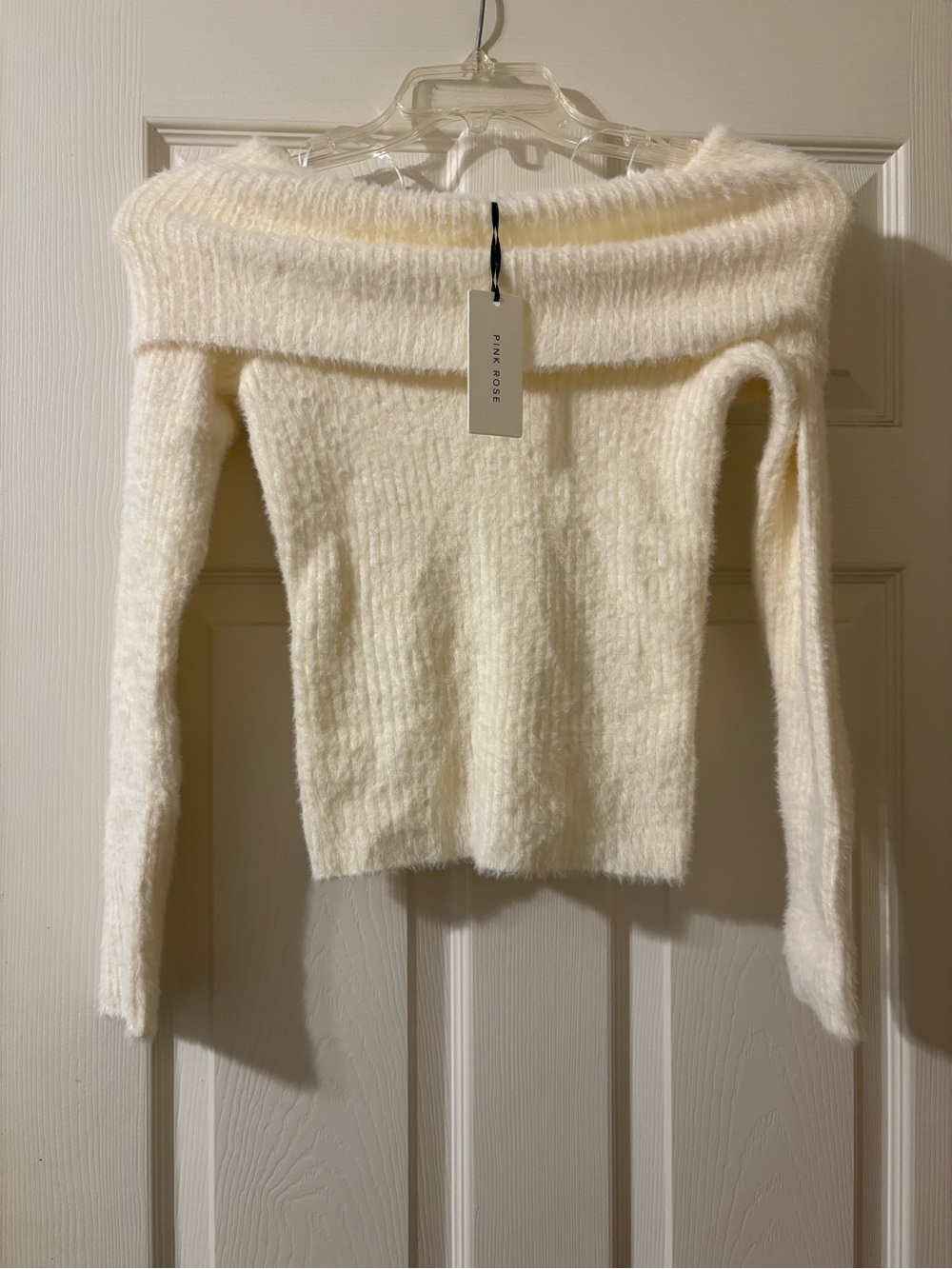 Pink Rose Cream Off-Shoulder Fuzzy Knit Top